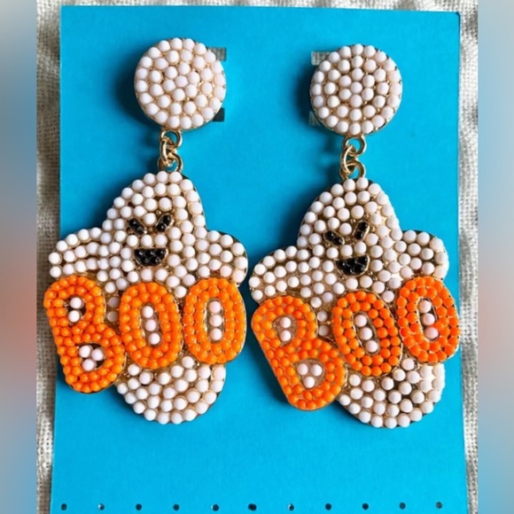 New Spooky Halloween Orange Boo Ghost Faux Pearl Beaded Statement Earrings - Picture 2 of 5